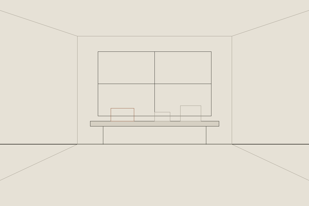 Interior perspective of a long studio with a model-making table