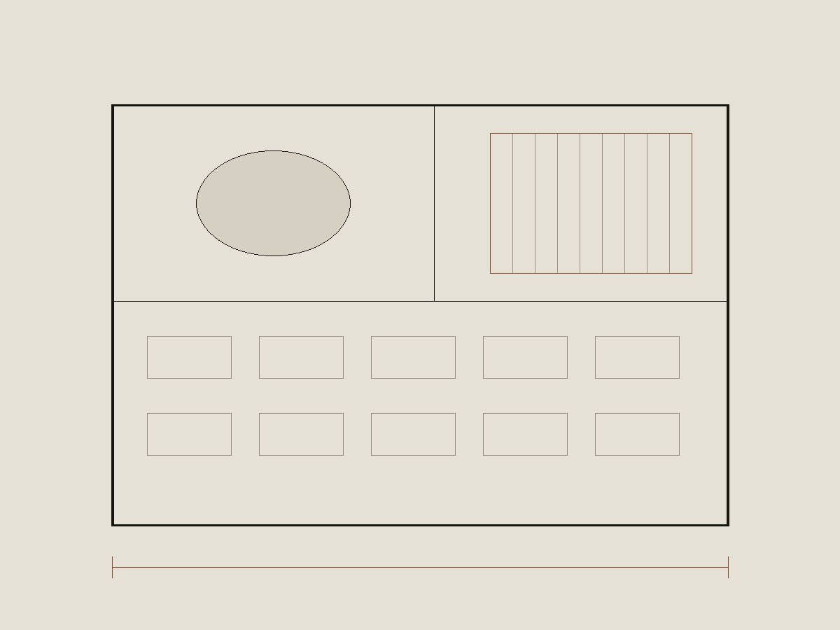 Plan drawing of a workspace with meeting rooms and open desking