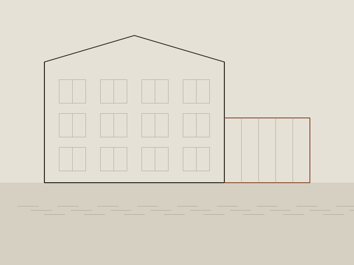 Elevation drawing of a Victorian mill with a new glazed addition to one side