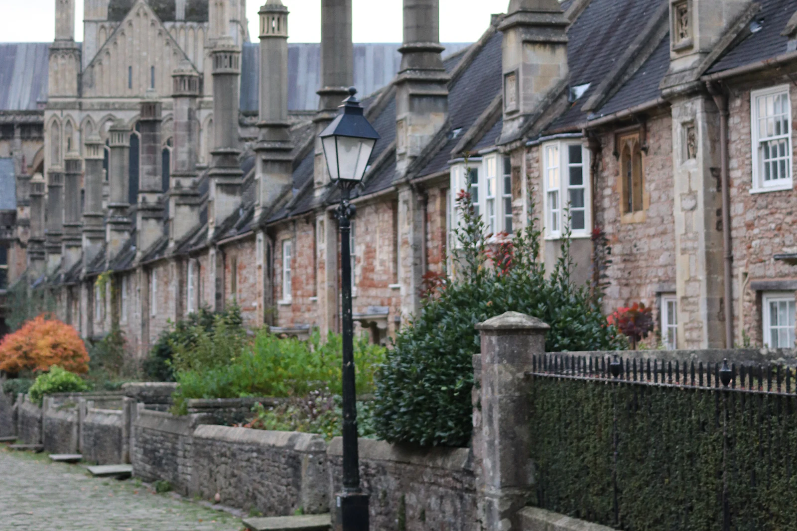 A row of old stone terraced cottages with tall chimneys, a cathedral rising behind them